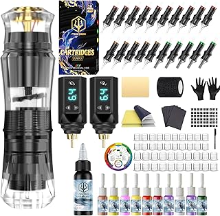 POSEIDON Akku-Rotary Tattoo Machine Kit mit 20 Tattoo-Kartuschennadeln, Tintenset & 2 Akkus | Pro…